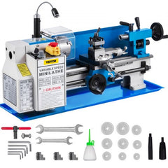 Blue 7x12 mini metal lathe with variable speed, chuck, and tool accessories.