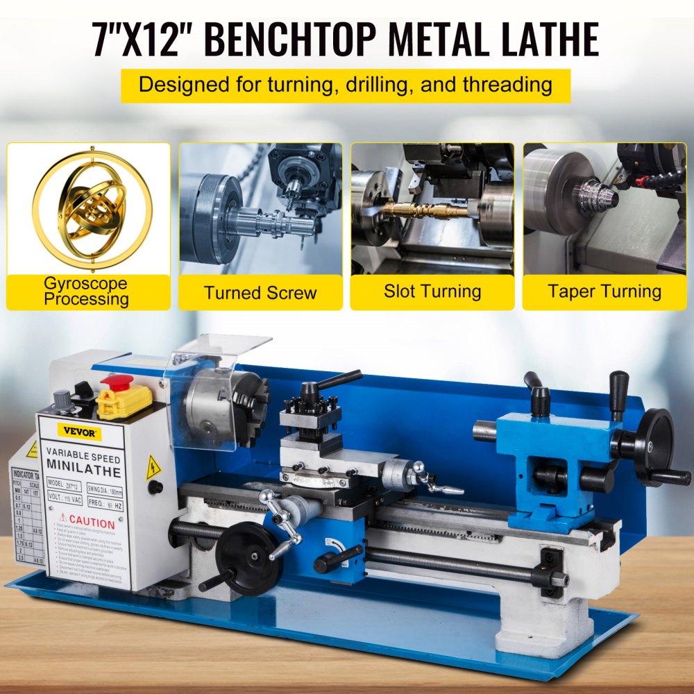 Bostome 7x12 mini metal lathe with 550W motor and variable speed on benchtop.