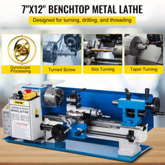 Bostome 7x12 mini metal lathe with 550W motor and variable speed on benchtop.