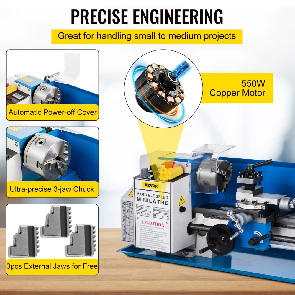 Blue 7x12 mini metal lathe with 550W motor, variable speed, 3-jaw chuck, and power-off cover.