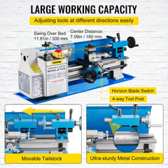 Blue 7x12 mini metal lathe with variable speed dial, 3-jaw chuck, tool post, and tailstock on a benchtop.