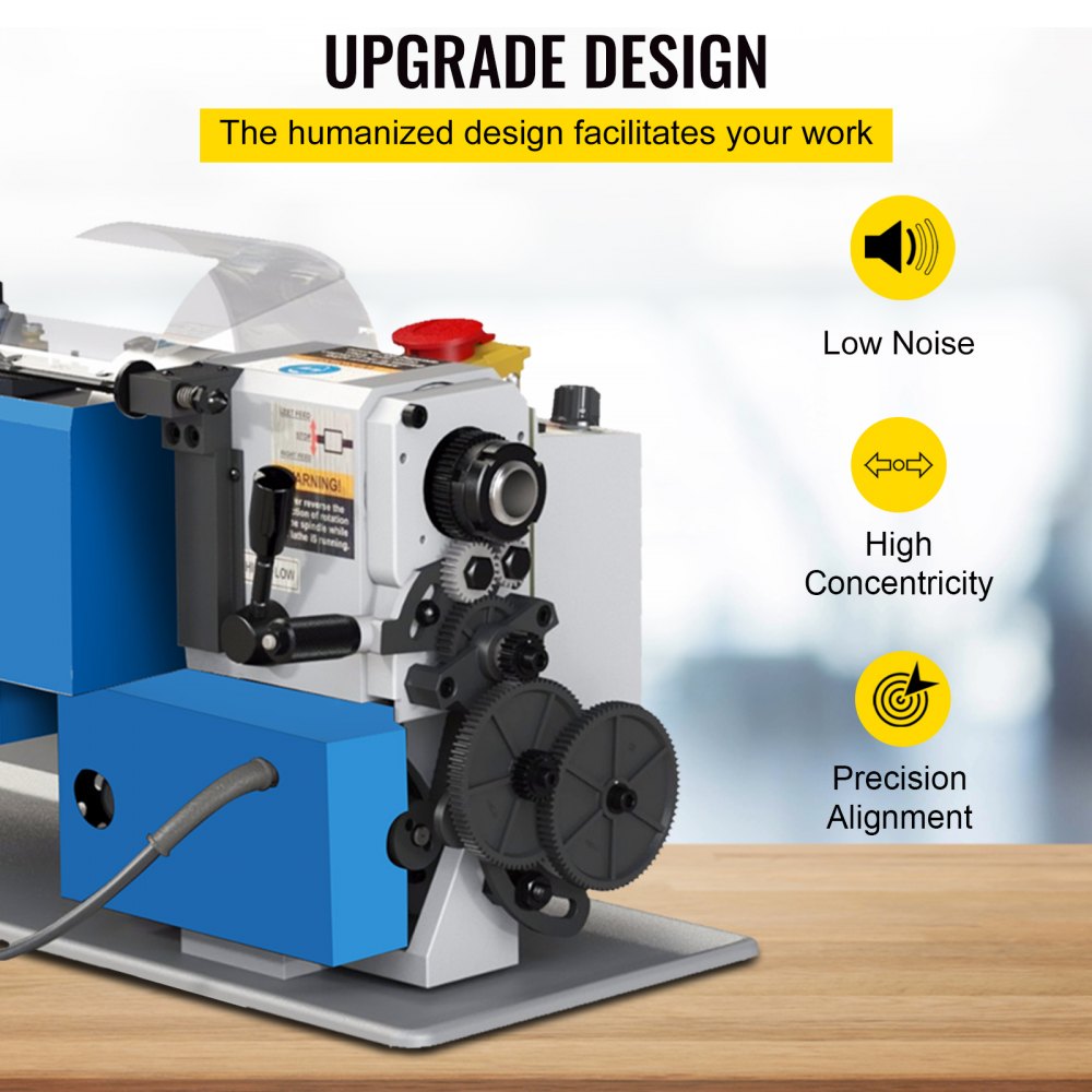 Blue and white mini metal lathe with variable speed dial, 3-jaw chuck, and control levers on a workbench.