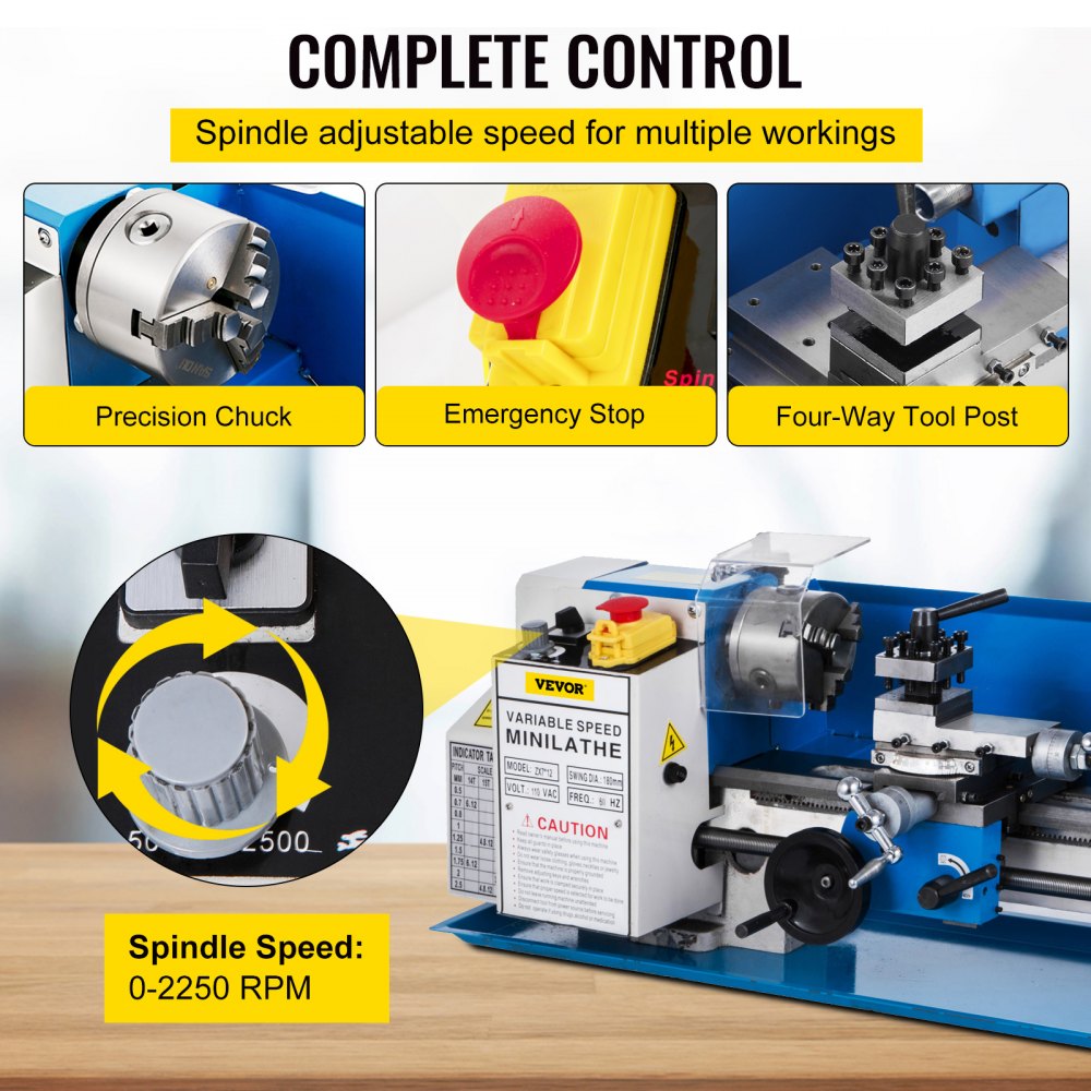 Blue 7x12 mini metal lathe with variable speed control, precision chuck, emergency stop, and four-way tool post.