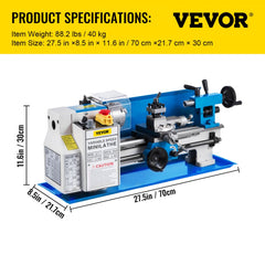 Blue 7x12 mini metal lathe with 550W motor, variable speed dial, chuck, and dimensions shown.