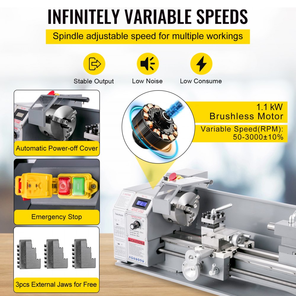 Bostome Mini Metal Lathe with 8.7" swing, 29.5" centers, and 1100W variable speed motor.