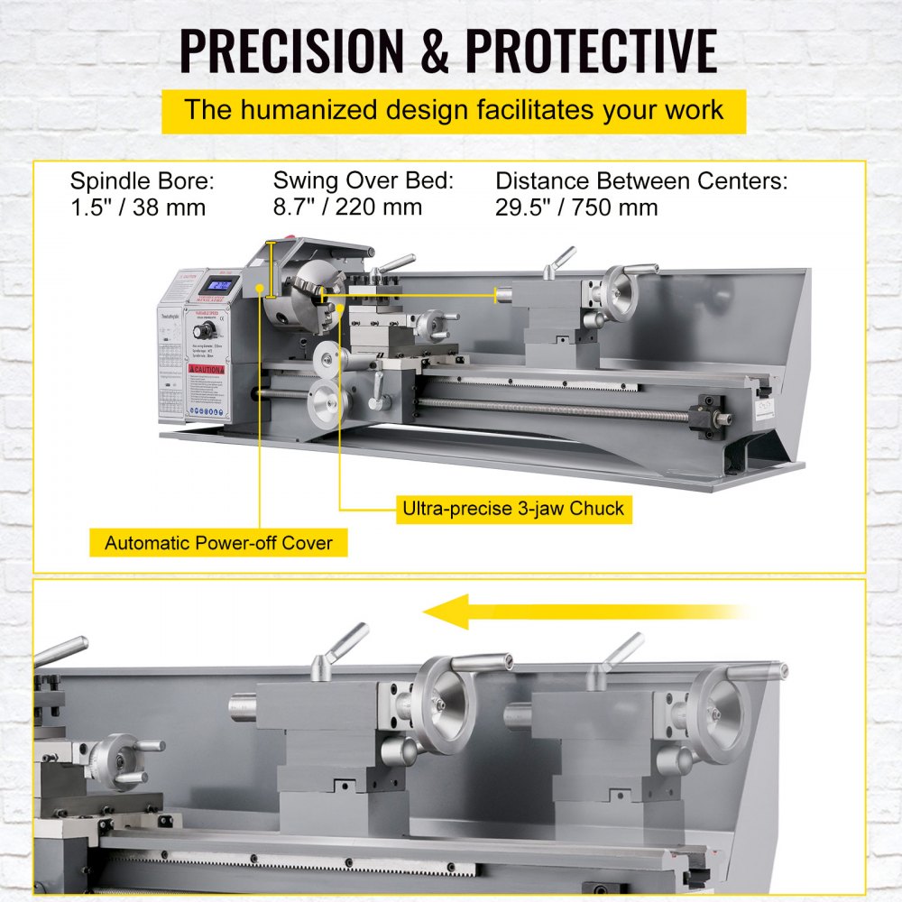 Bostome Mini Metal Lathe with 8.7" swing, 29.5" centers, and 1100W variable speed motor.