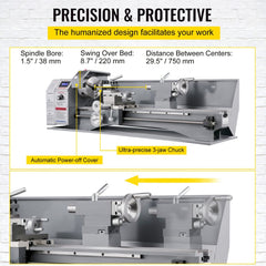 Bostome Mini Metal Lathe with 8.7" swing, 29.5" centers, and 1100W variable speed motor.