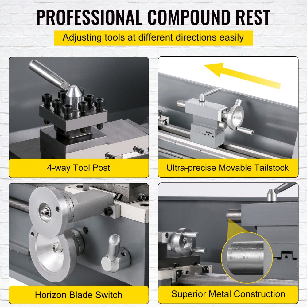 Bostome Mini Metal Lathe with 8.7" swing, 29.5" centers, and 1100W variable speed motor.