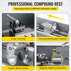 Bostome Mini Metal Lathe with 8.7" swing, 29.5" centers, and 1100W variable speed motor.