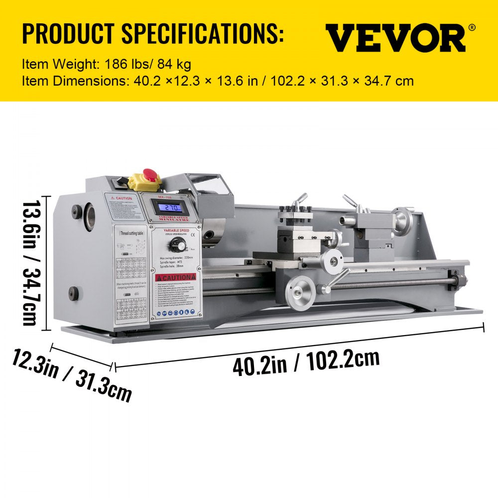 Bostome Mini Metal Lathe with 8.7" swing and 29.5" distance between centers in compact design.