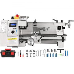 Mini metal lathe with rugged cast iron, variable speed control, and 3-jaw chuck.