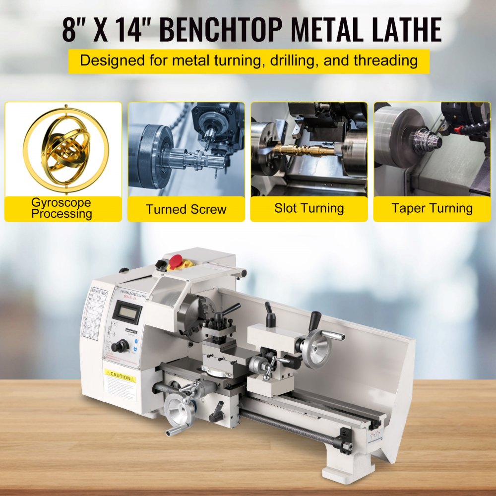 Bostome 8"x14" Mini Metal Lathe with variable speed control and rugged cast iron construction.