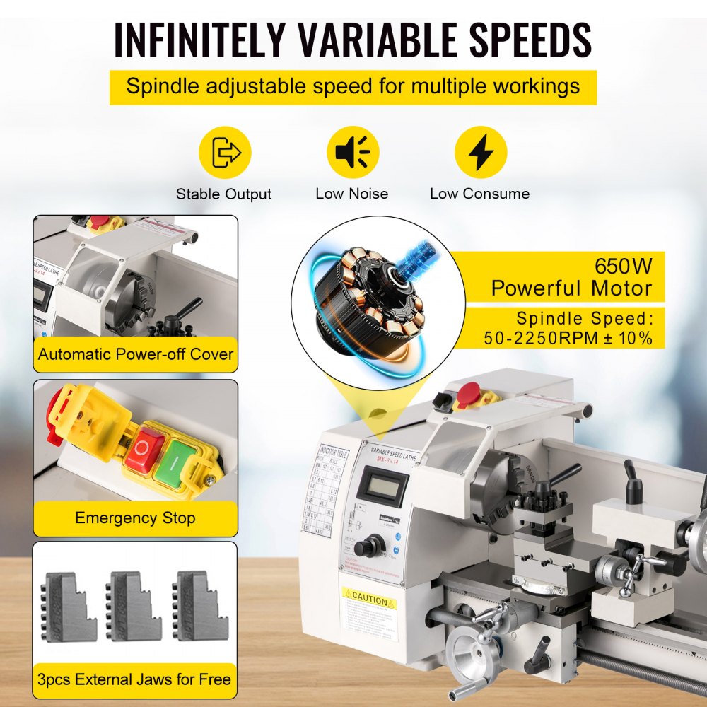 Mini metal lathe with variable speed control, rugged construction, and 3-jaw chuck.