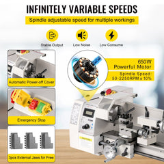 Mini metal lathe with variable speed control, rugged construction, and 3-jaw chuck.