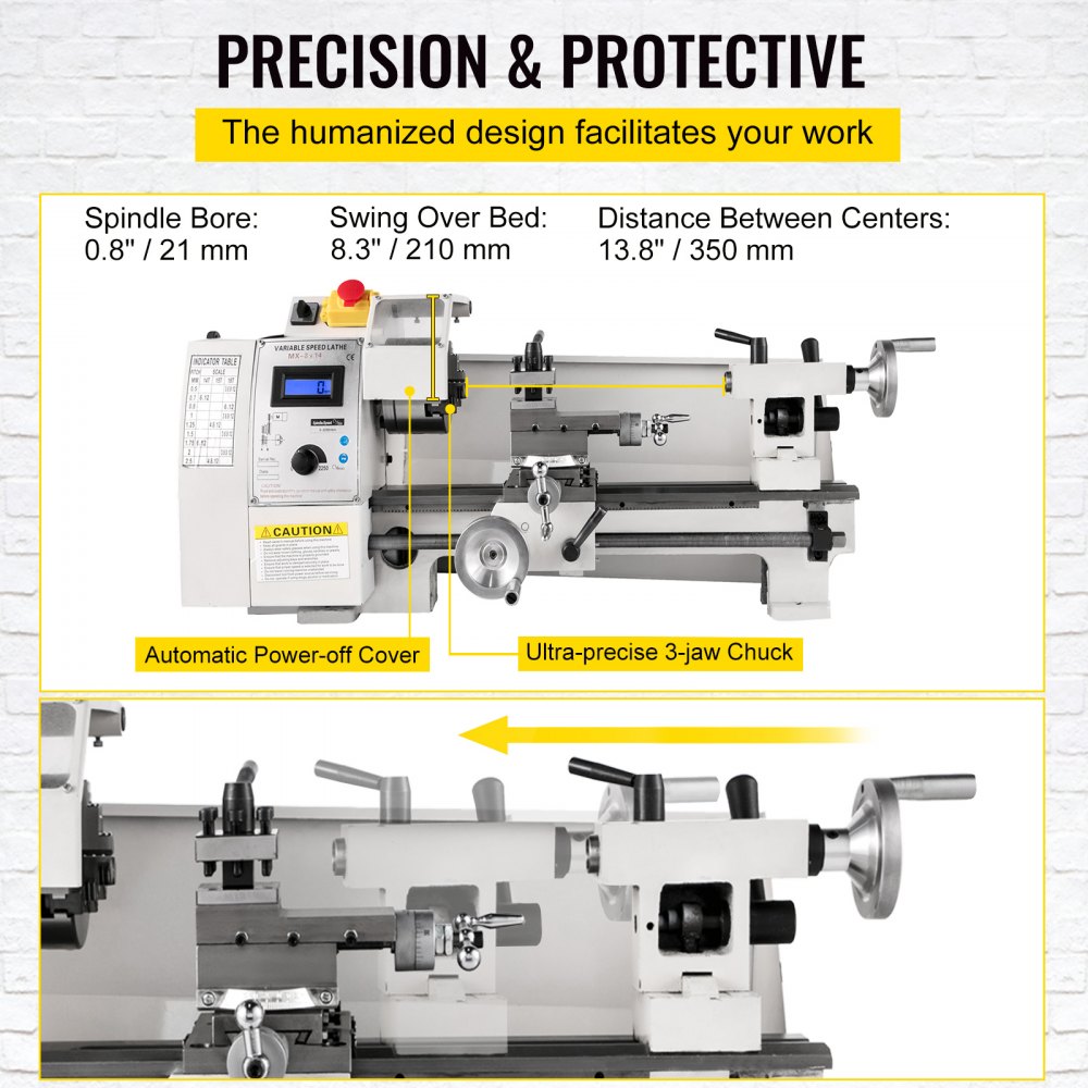 Mini metal lathe with variable speed control, 3-jaw chuck, and rugged cast iron construction.
