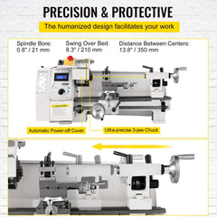Mini metal lathe with variable speed control, 3-jaw chuck, and rugged cast iron construction.
