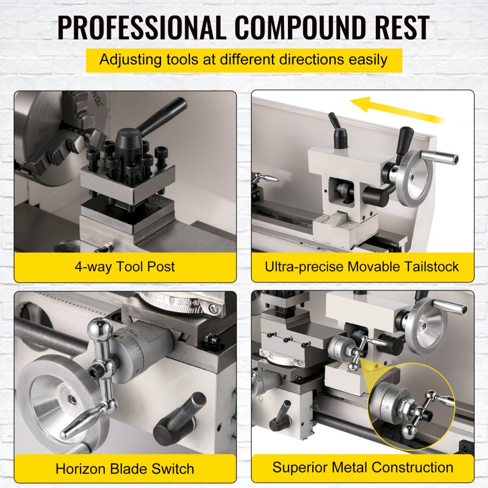 Bostome 8"x14" Mini Metal Lathe with variable speed control and rugged cast iron construction.