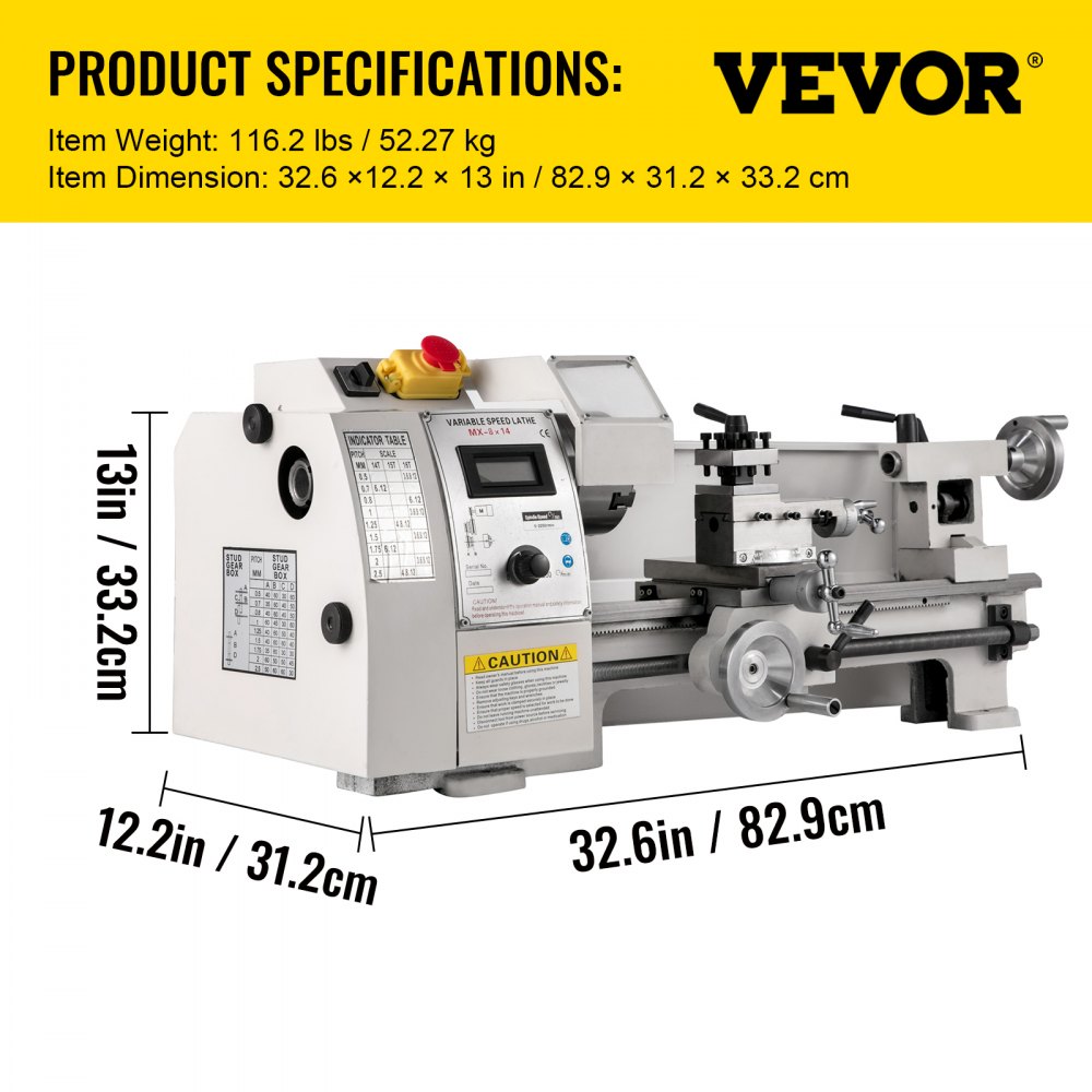 Mini metal lathe with rugged cast iron body and variable speed control up to 2250 RPM.