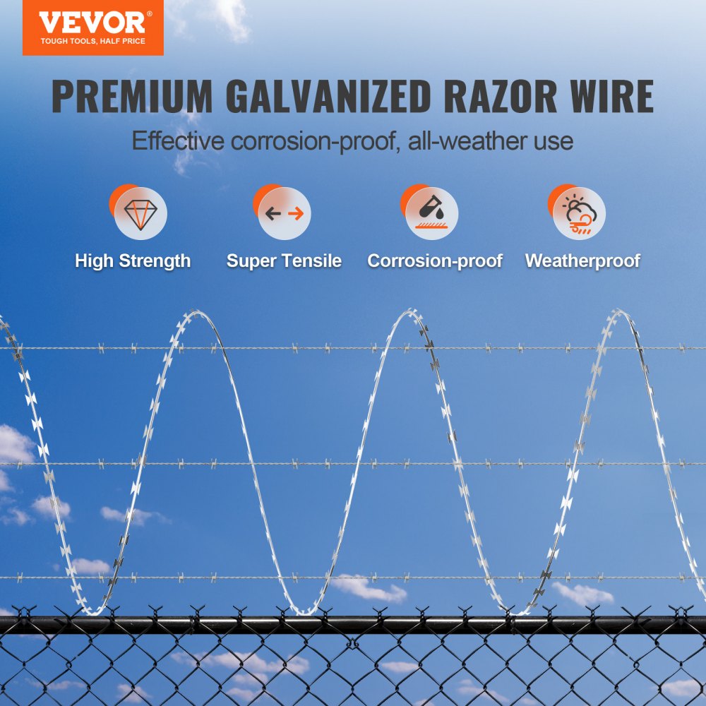 Three rolls of 147 ft galvanized razor barbed wire with high strength and corrosion-proof features.