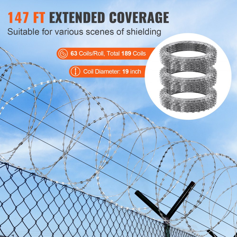 Razor Wires, 147 ft Razor Barbed Wire, 3 Rolls Razor Wire Fencing Razor Fence, Double Spiral Razor Ribbon Barbed Wire Galvanized Razor Wire Fence, Rolls Razor for Garden
