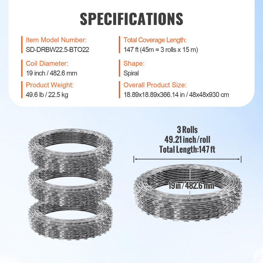 Razor Wires, 147 ft Razor Barbed Wire, 3 Rolls Razor Wire Fencing Razor Fence, Double Spiral Razor Ribbon Barbed Wire Galvanized Razor Wire Fence, Rolls Razor for Garden
