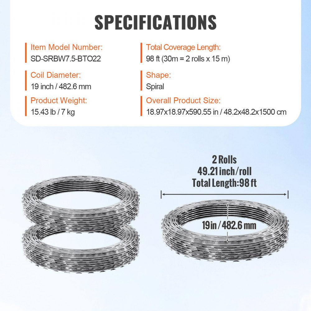 Razor Wires, 98 ft Razor Barbed Wire, 2 Rolls Razor Wire Fencing Razor Fence, Razor Ribbon Barbed Wire Galvanized Razor Wire Fence, Rolls Razor for Garden