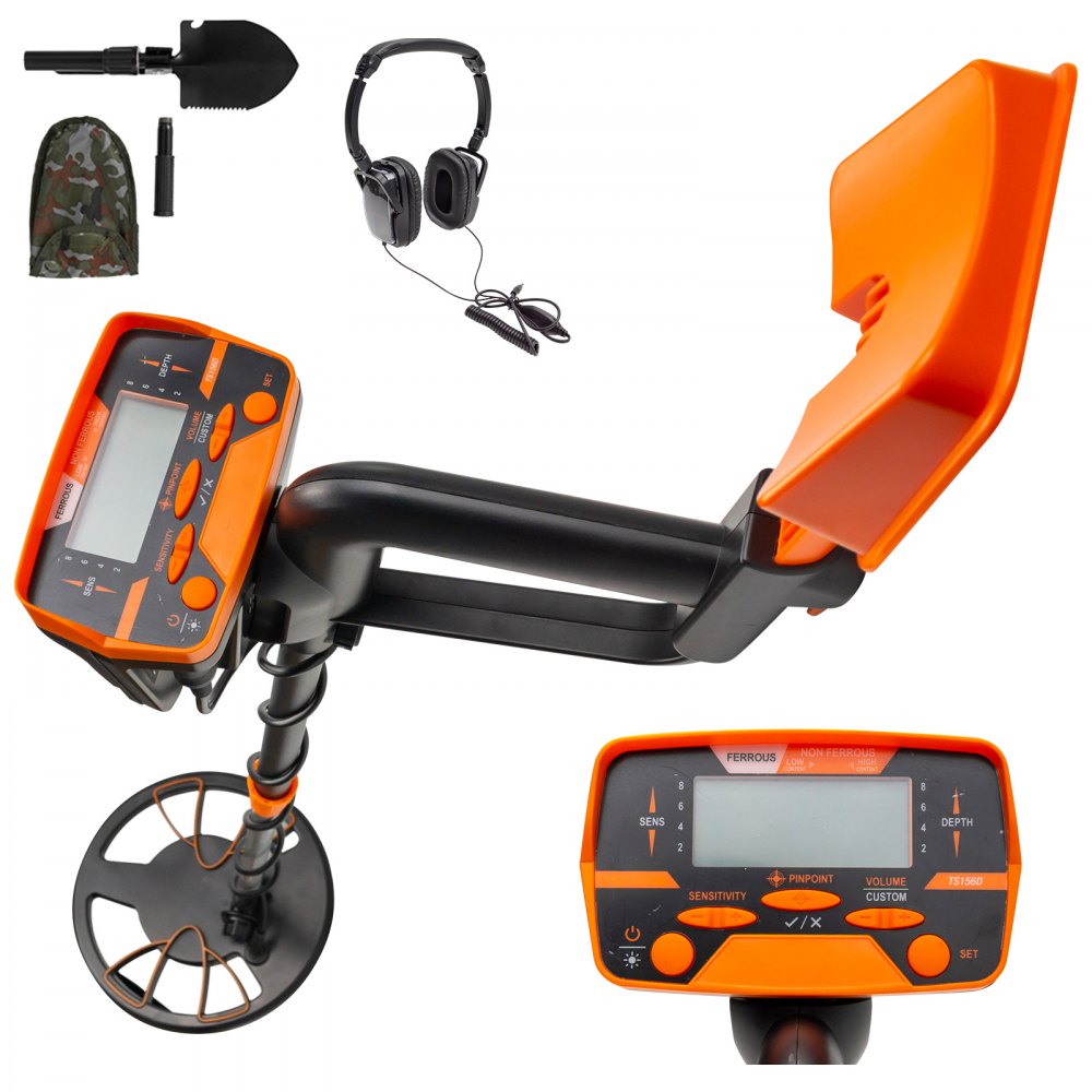 Bostome waterproof metal detector with LCD display, adjustable stem, and included headphones.