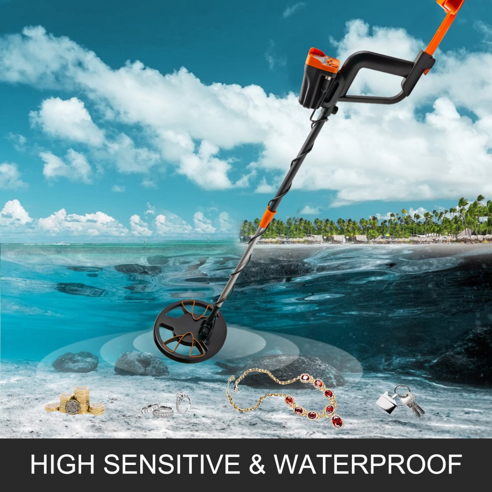 Bostome waterproof metal detector with LCD display, adjustable stem, and included headphones.