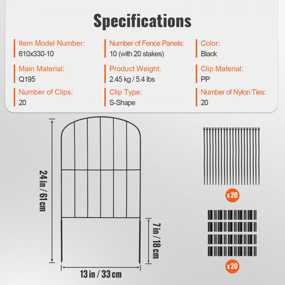 Garden Fence, No Dig Fence 24in(H) x11ft(L) Animal Barrier Fence, Underground Decorative Garden Fencing with 2 Inch Spike Spacing, Metal Dog Fence for The Yard and Outdoor Patio, 10 Pack