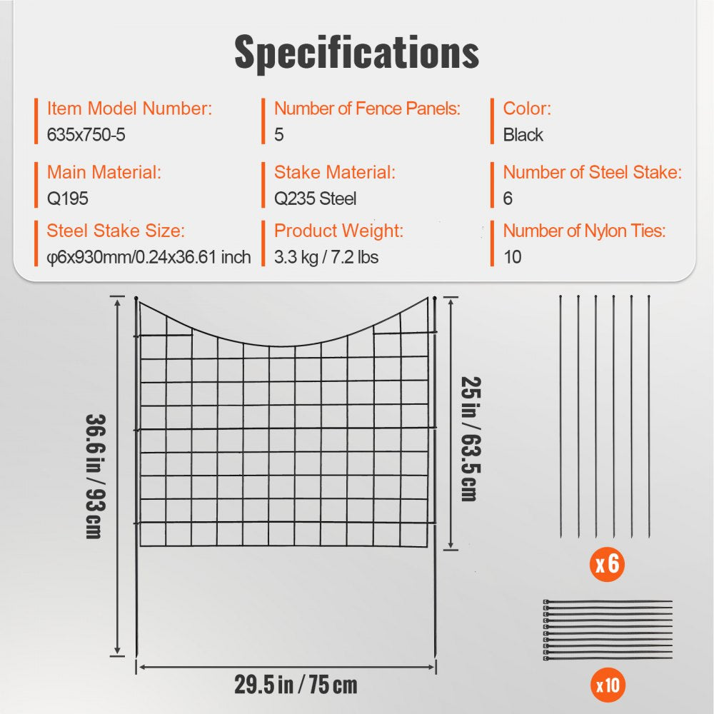 Garden Fence, 36.6in(H) x12ft(L) Animal Barrier Fence, Underground Decorative Garden Fencing with 2.5 Inch Spike Spacing, Metal Dog Fence for The Yard and Outdoor Patio, 5 Pack