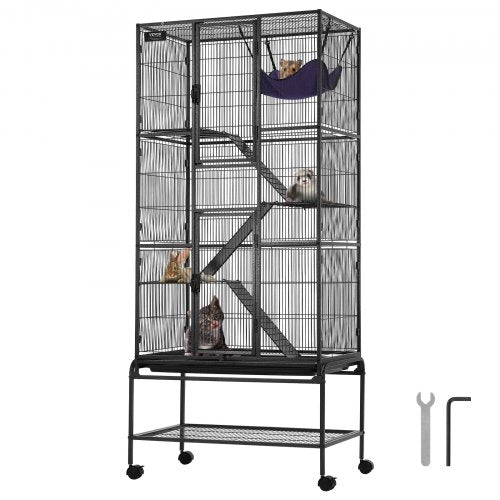 Black metal 4-tier rolling cage with ramps, hammock, and lockable wheels for small animals.