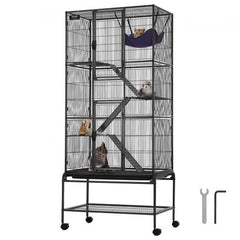 Black metal 4-tier rolling cage with ramps, hammock, and lockable wheels for small animals.