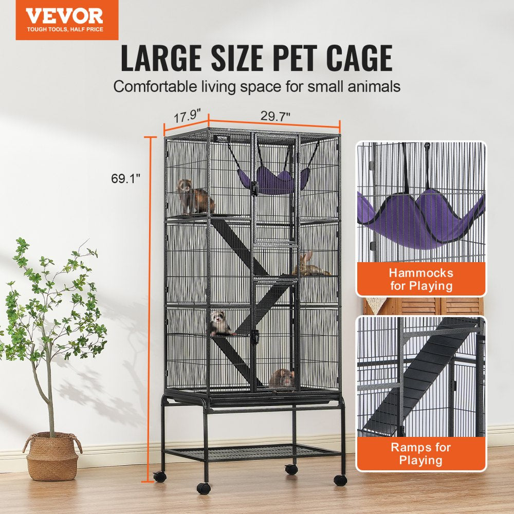 Black metal 4-tier rolling ferret cage with ramps, hammock, and removable cleaning tray.