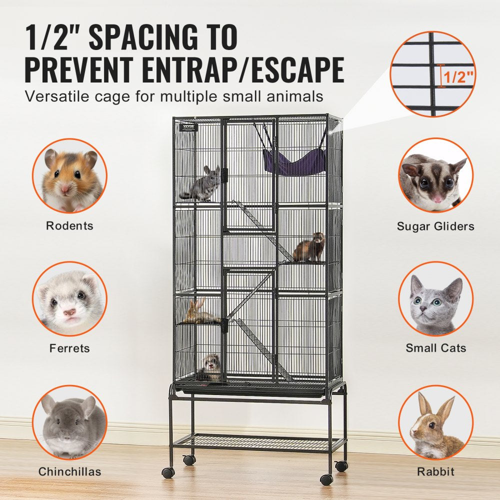 Black metal 4-tier rolling ferret cage with ramps, hammock, and lockable wheels.