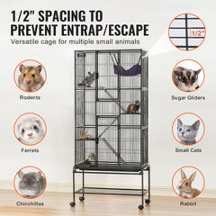 Black metal 4-tier rolling ferret cage with ramps, hammock, and lockable wheels.