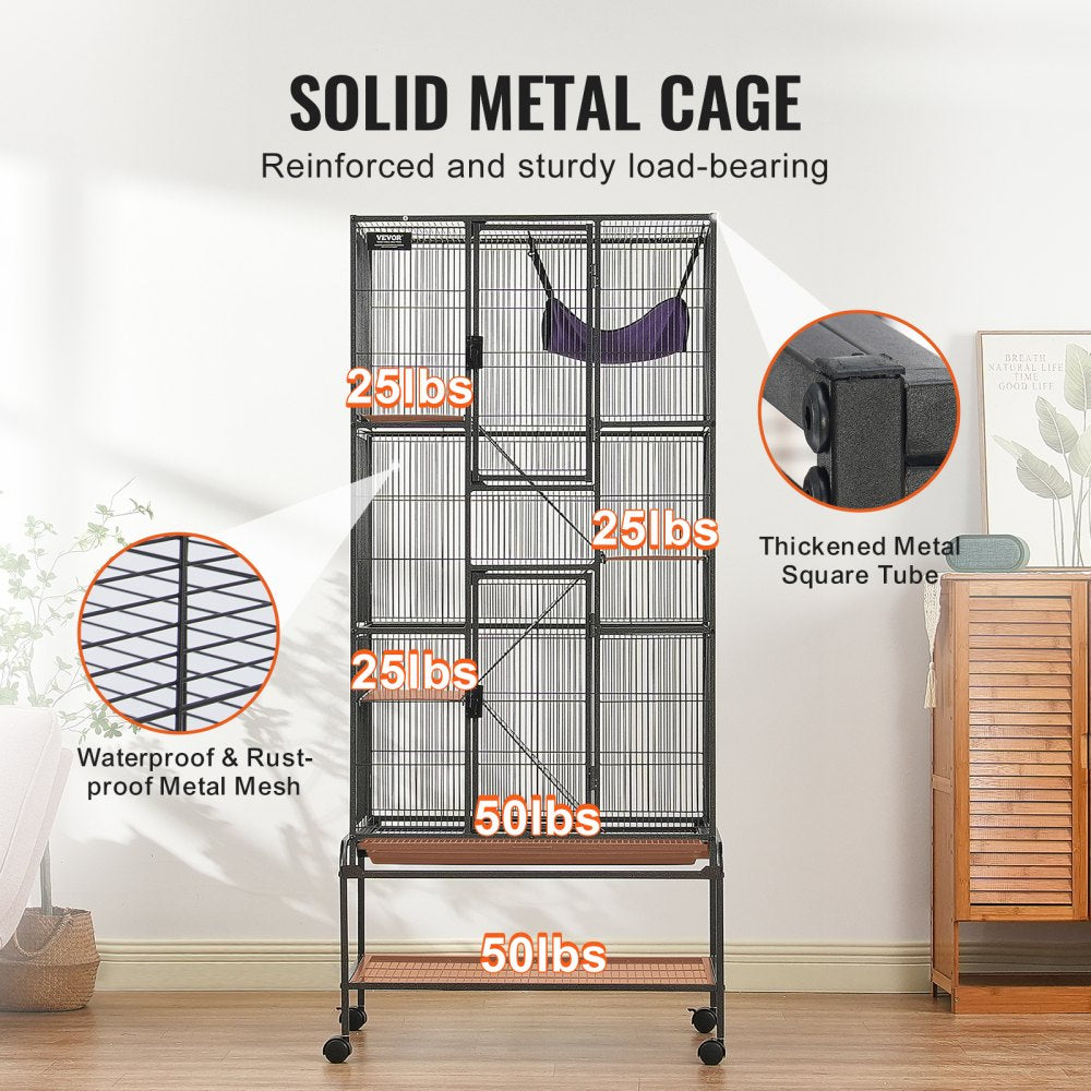 Black metal 4-tier rolling ferret cage with ramps, hammock, and lockable wheels.