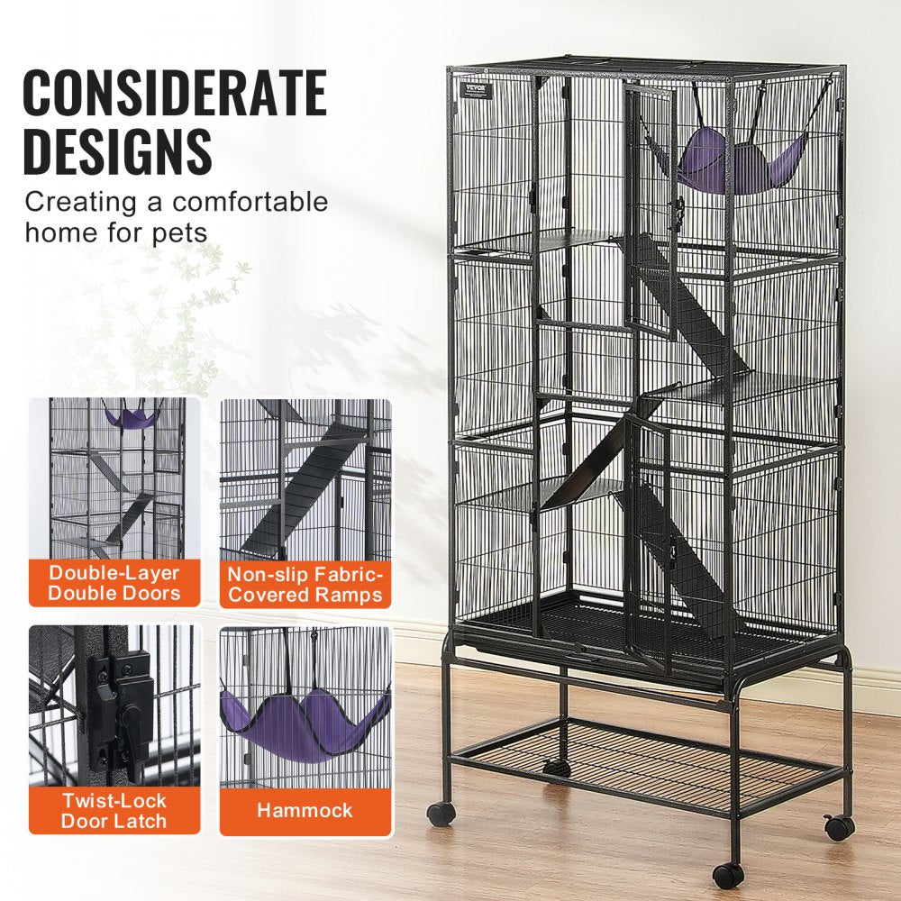 Black metal 4-tier rolling ferret cage with platforms, ramps, and a hammock for small animals.