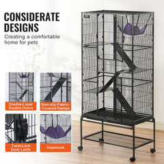 Black metal 4-tier rolling ferret cage with platforms, ramps, and a hammock for small animals.