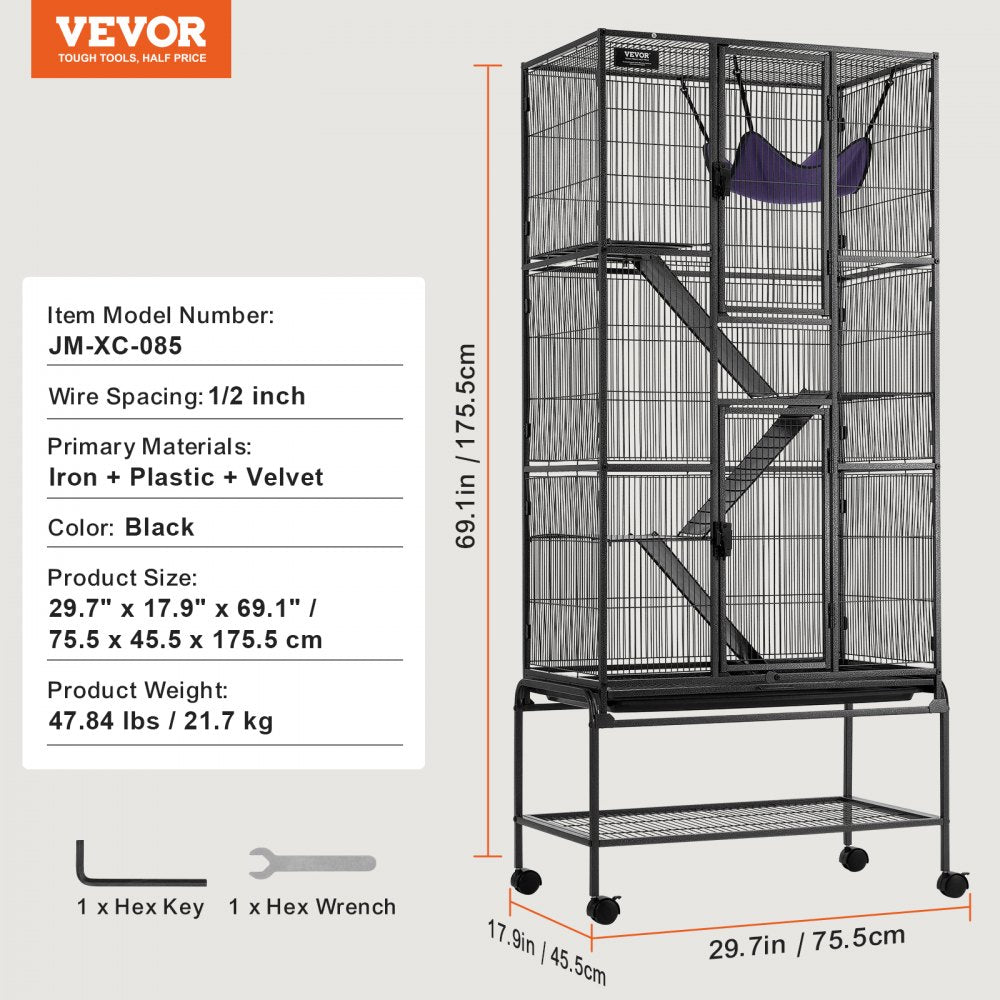 Black metal 4-tier rolling ferret cage with ramps, hammock, and lockable wheels.