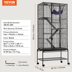 Black metal 4-tier rolling ferret cage with ramps, hammock, and lockable wheels.