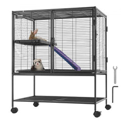 Black 36-inch 2-tier ferret cage on wheels with ramp, tray, and ferrets inside.