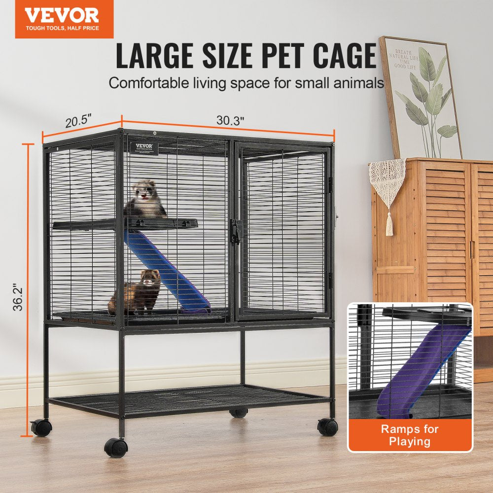 A 36-inch 2-tier rolling ferret cage with steel mesh, blue ramp, tray, and two ferrets inside.