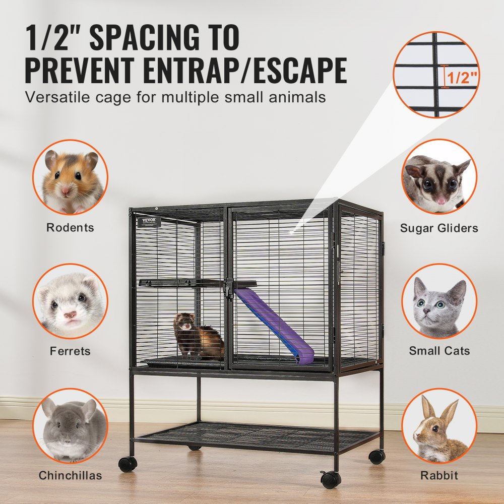 36-inch 2-tier rolling ferret cage with tray, ramp, and 1/2-inch mesh for small animals.