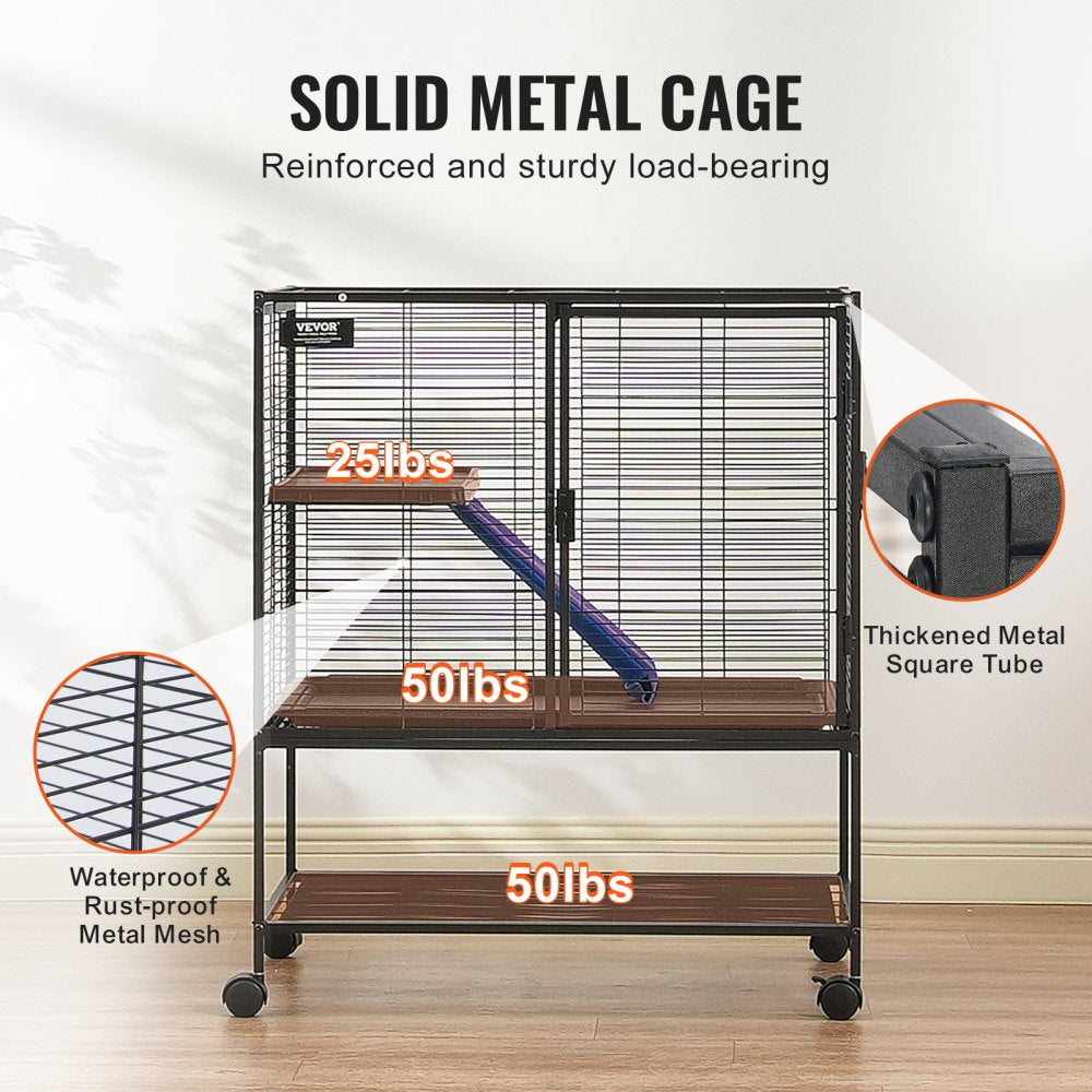 36-inch 2-tier rolling ferret cage with metal mesh, wooden tray, ramp, and casters.