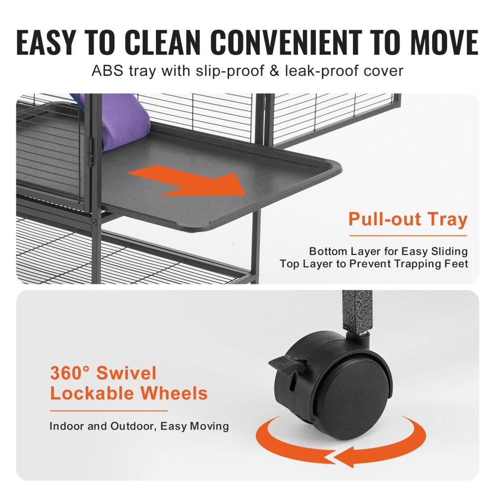 36-inch 2-tier rolling ferret cage with pull-out tray, ramp, and swivel wheels.