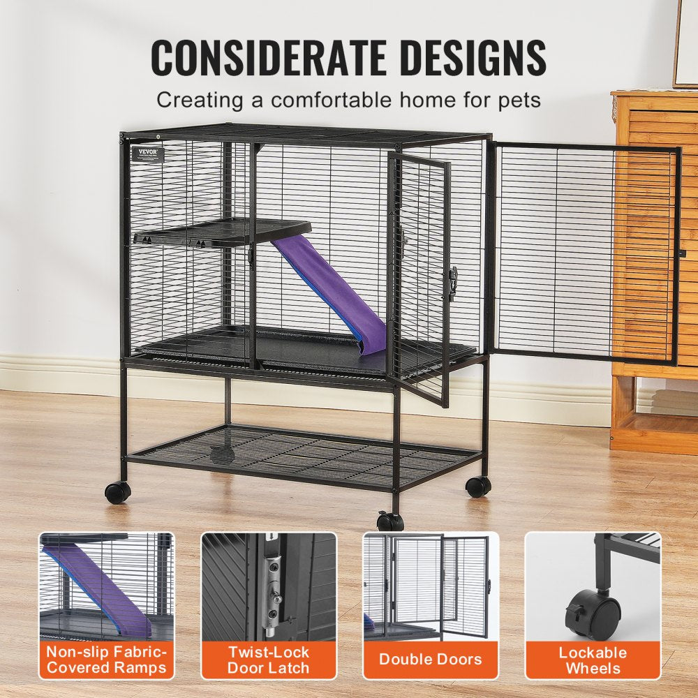 36-inch 2-tier rolling ferret cage with black metal frame, purple ramp, tray, and wheels.