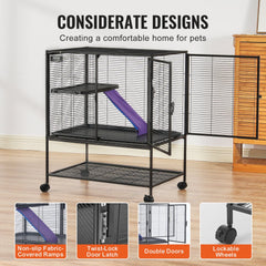 36-inch 2-tier rolling ferret cage with black metal frame, purple ramp, tray, and wheels.