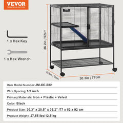 36-inch 2-tier black rolling ferret cage with tray, ramp, and shelf.