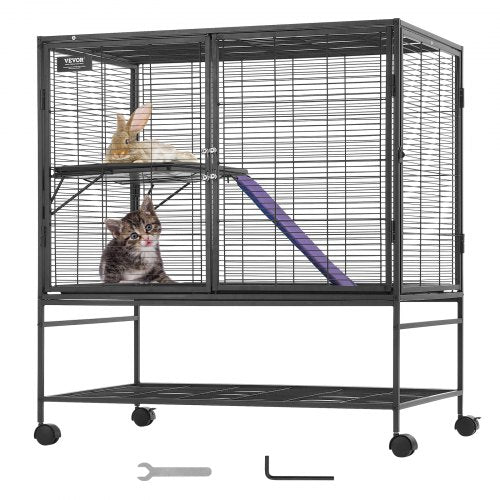 Black 2-tier rolling ferret cage with removable platforms and lockable wheels for easy mobility.