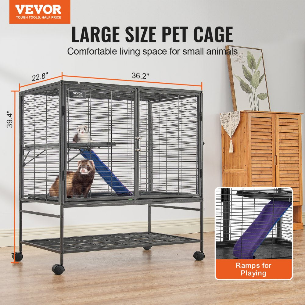 Black 2-tier rolling ferret cage with spacious interior and removable cleaning tray.